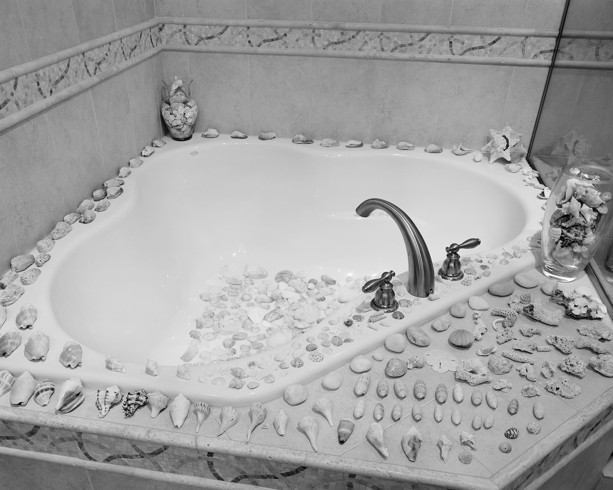 An empty jacuzzi bathtub covered with shells.